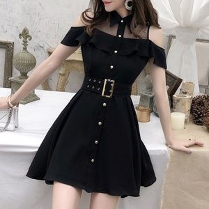 Mesh Panel Short-Sleeve A-Line Black Dress